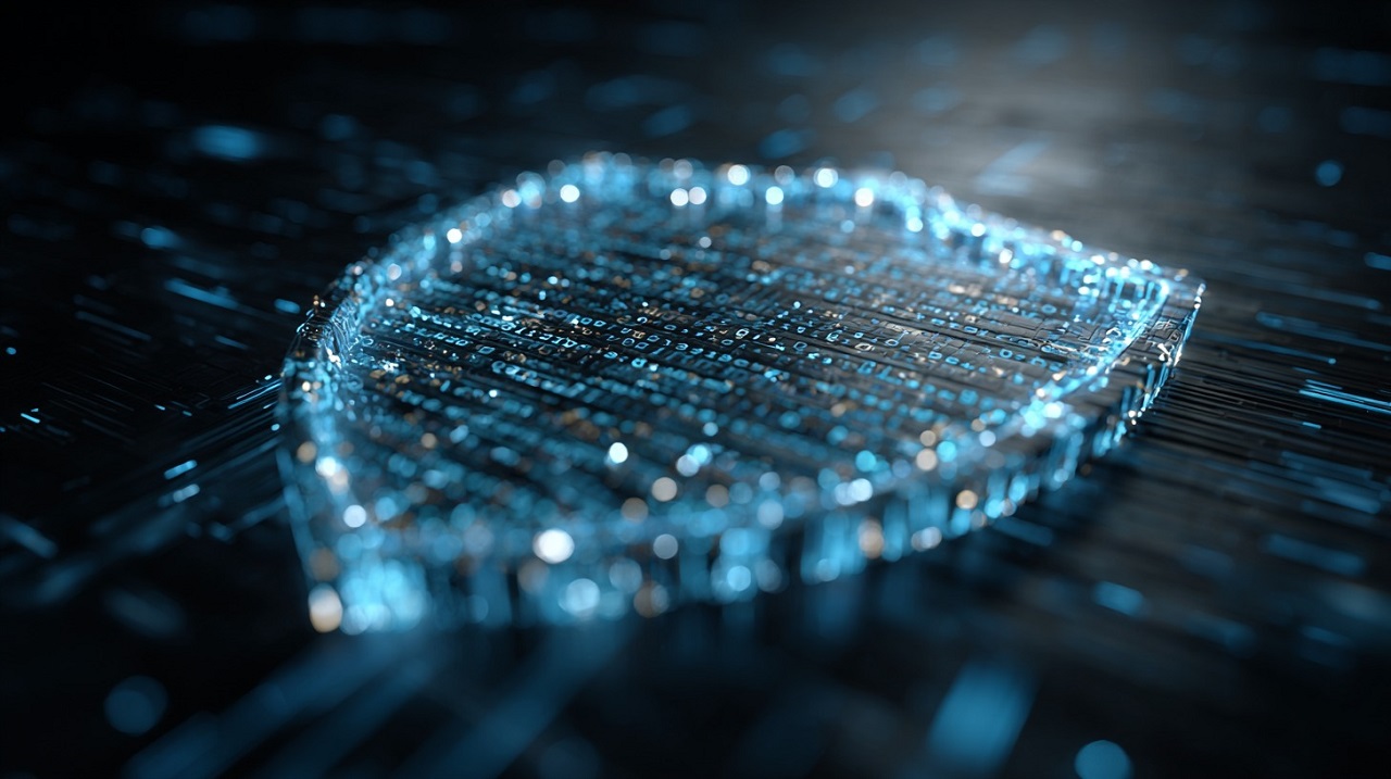 Digital shield made of glowing binary code, symbolizing cybersecurity and AI protection