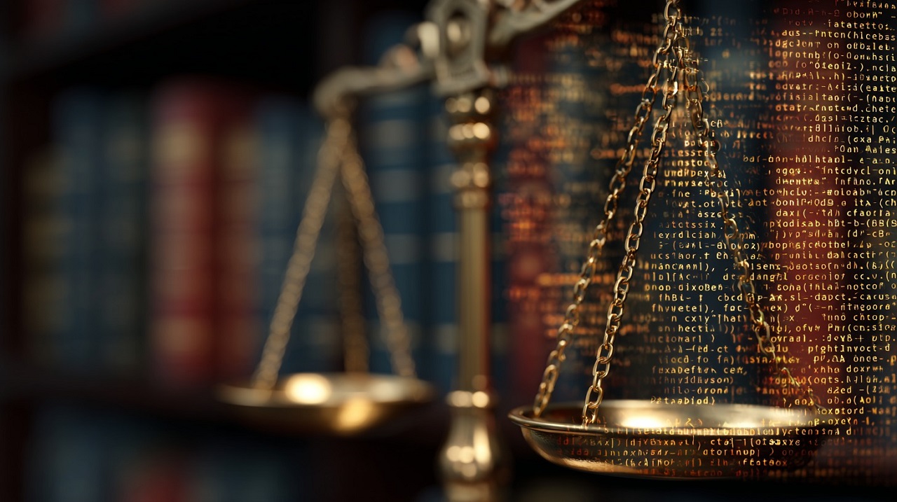 Golden scales of justice in front of law books, overlaid with lines of computer code