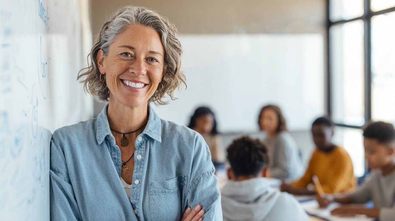 A teacher smiling in class while students work together in the background