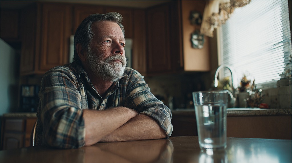 A man sitting at a kitchen table, thinking about how language shapes everyday life in a new country
