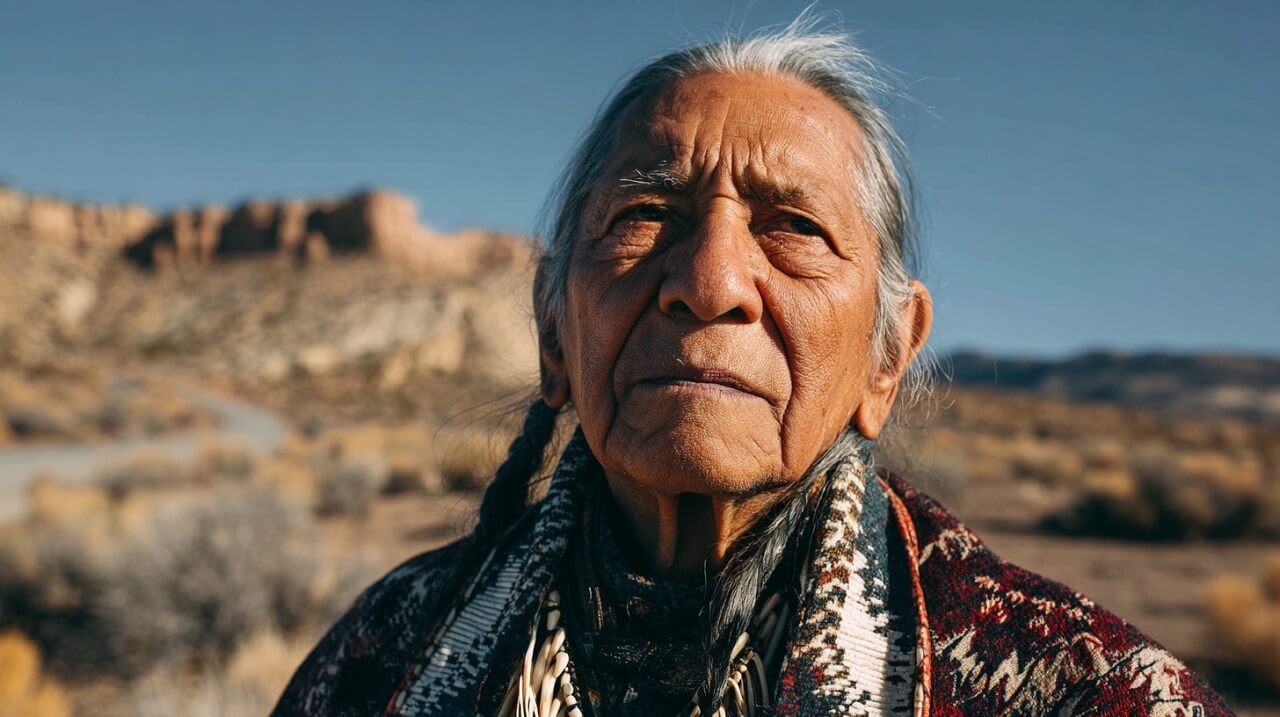 Portrait of an elderly Native American person standing outdoors in natural daylight, wearing traditional patterned clothing, with mountains and desert landscape in the background