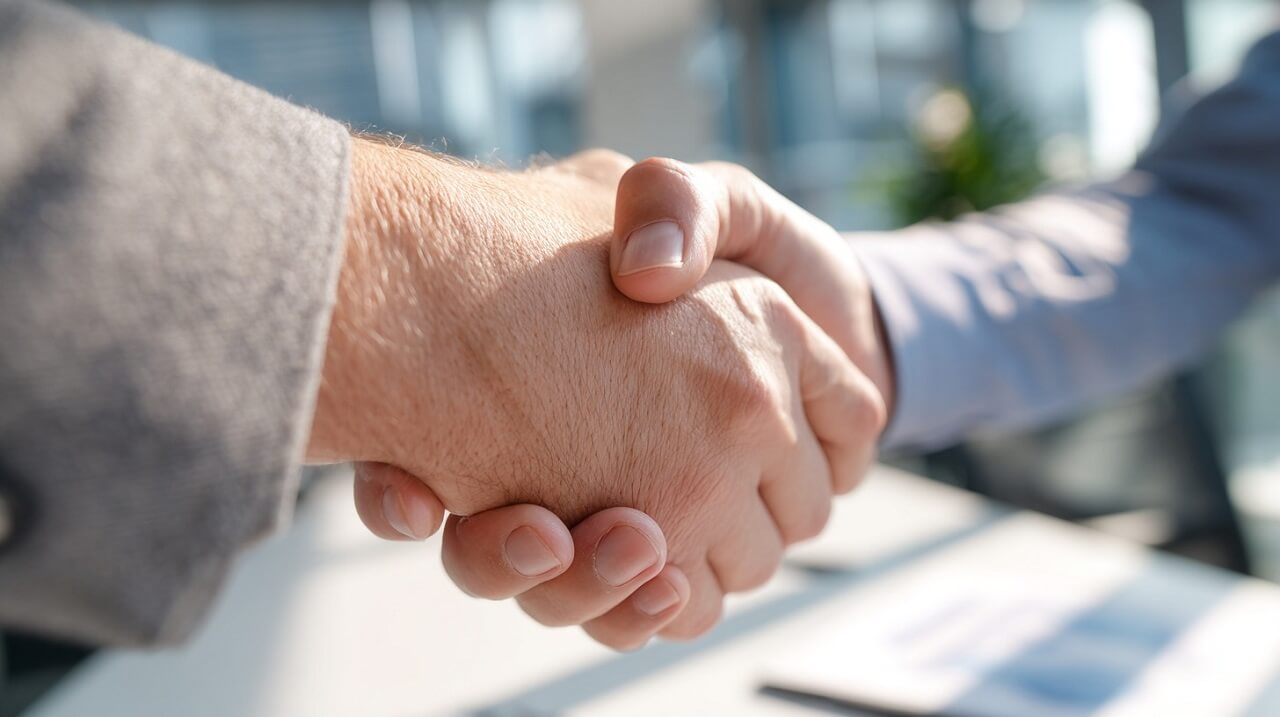 Two business professionals shaking hands in an office, symbolizing trust and collaboration in translation projects beyond ChatGPT assistance