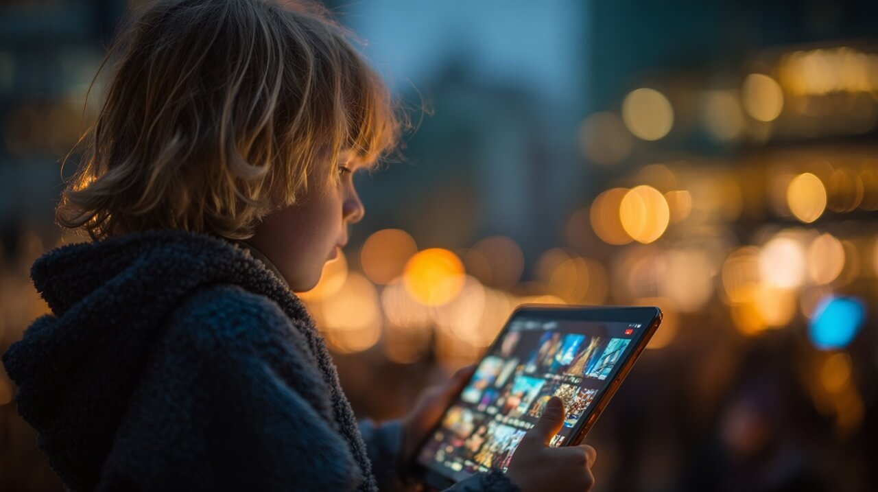 A young child using a tablet at dusk with blurred city lights in the background, symbolizing global digital communication