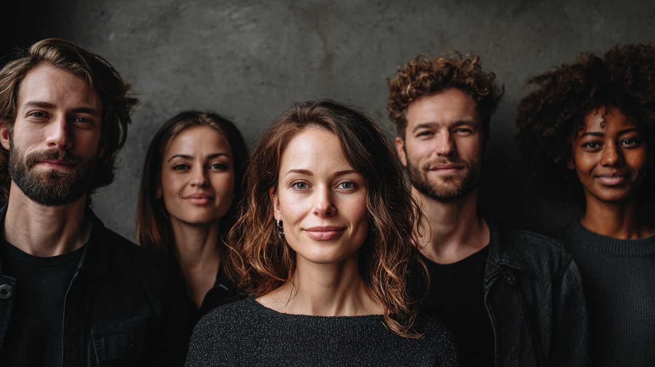 A diverse group of young adults standing together and facing the camera, symbolizing global linguistic and cultural diversity