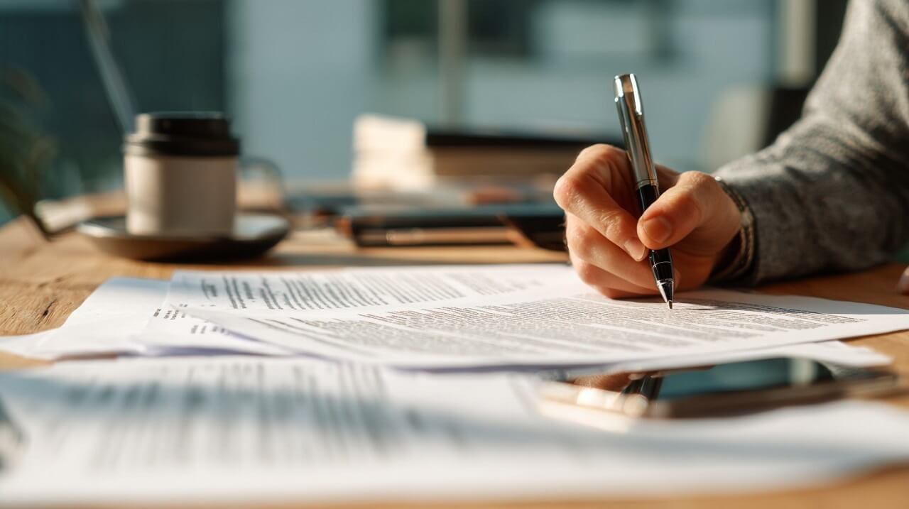 Business professional reviewing printed documents and signing a contract at a desk, comparing details between ChatGPT translation output and verified human version