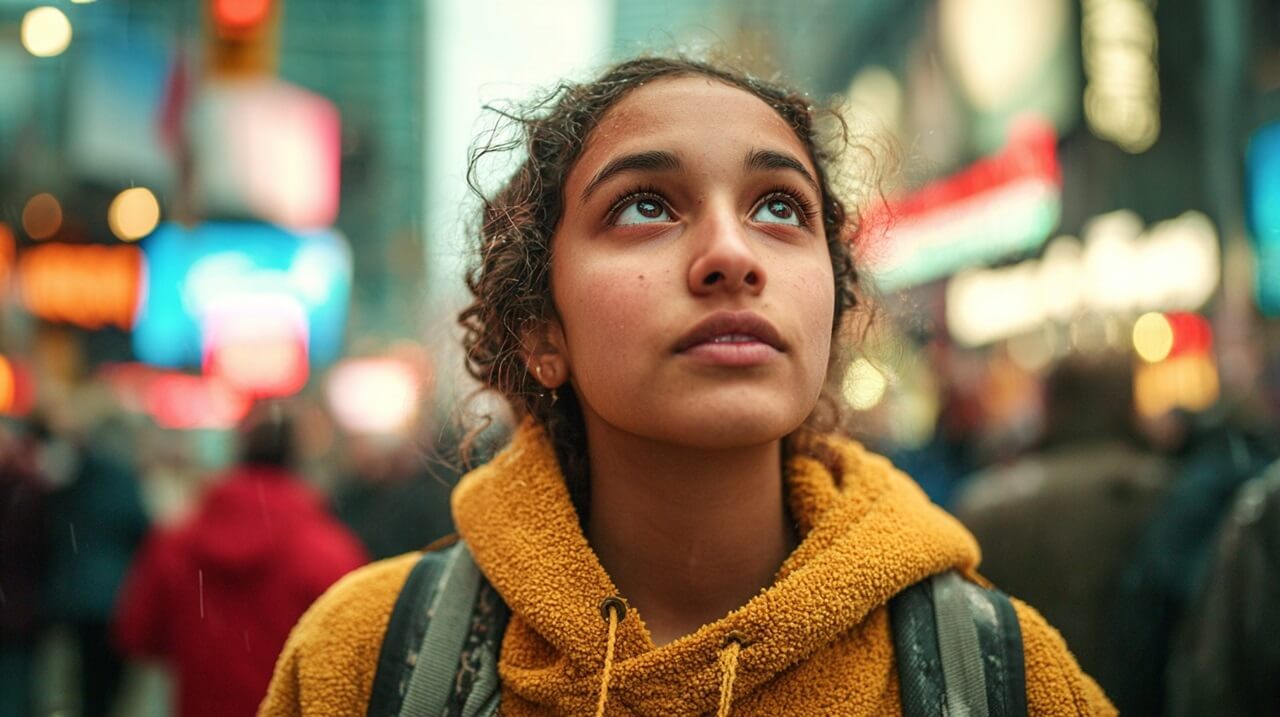 A teenage girl looking upward in a crowded urban setting, representing linguistic diversity in multicultural cities