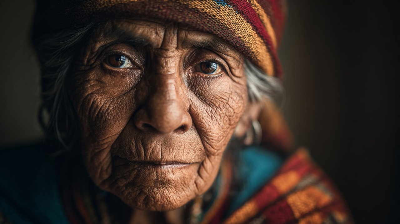 A close-up portrait of an elderly Indigenous woman with traditional clothing, reflecting cultural heritage and endangered languages