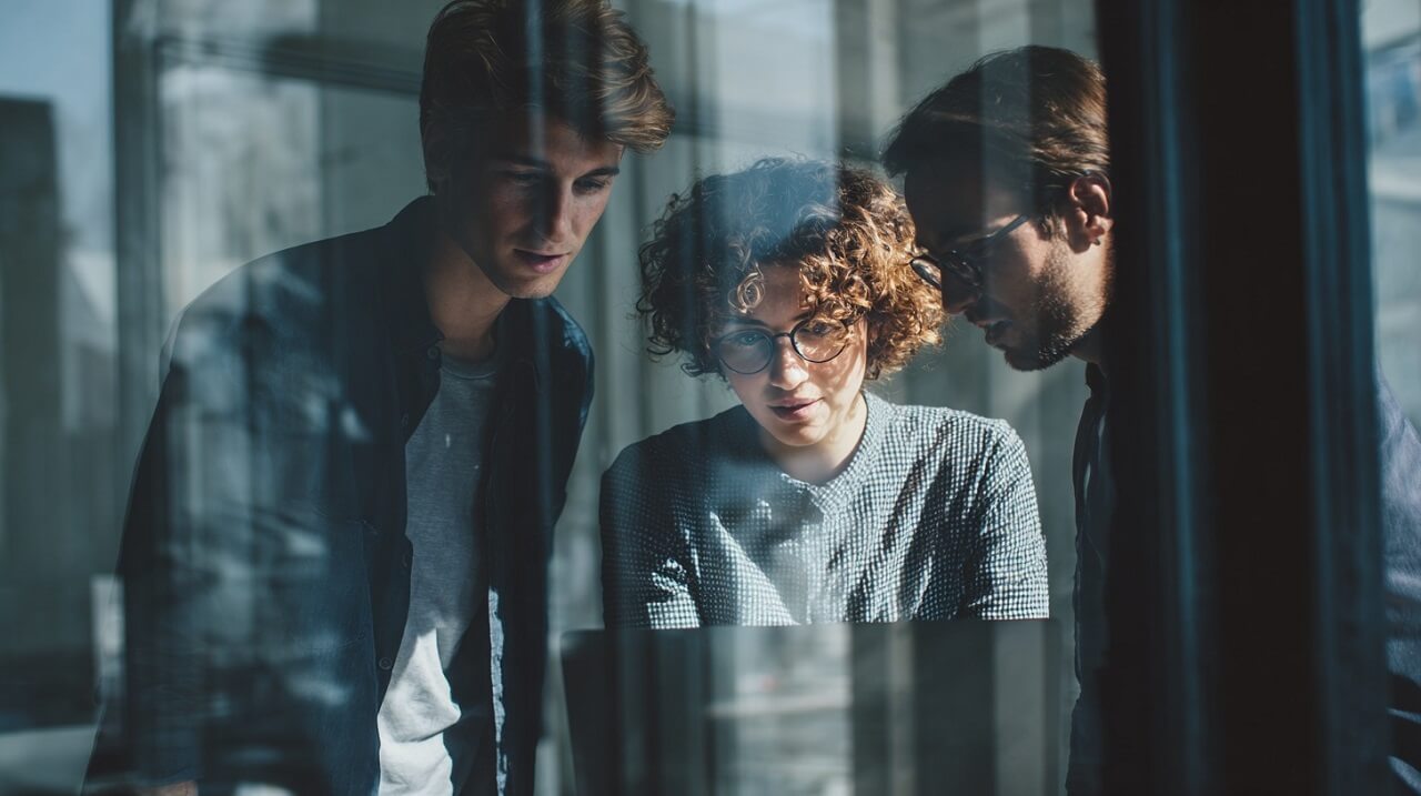 Three professionals reviewing text on a laptop during a meeting, seen through a glass wall in a modern office