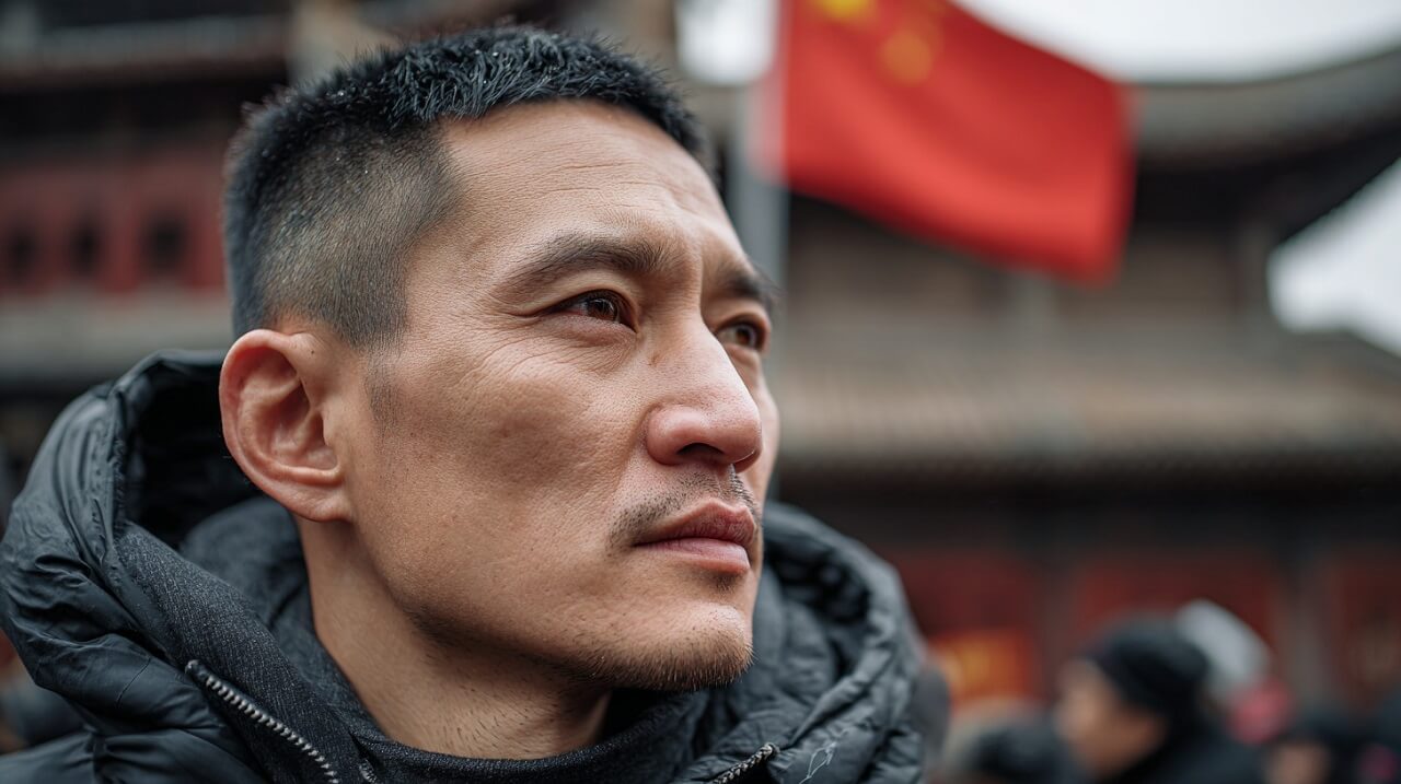 Close-up of a Chinese man with blurred traditional architecture and a red flag behind him.