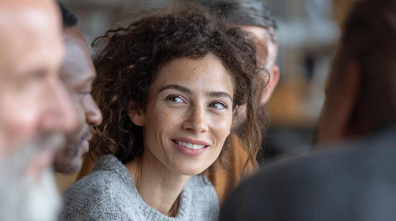 Close-up of a smiling woman in conversation with a small group of people