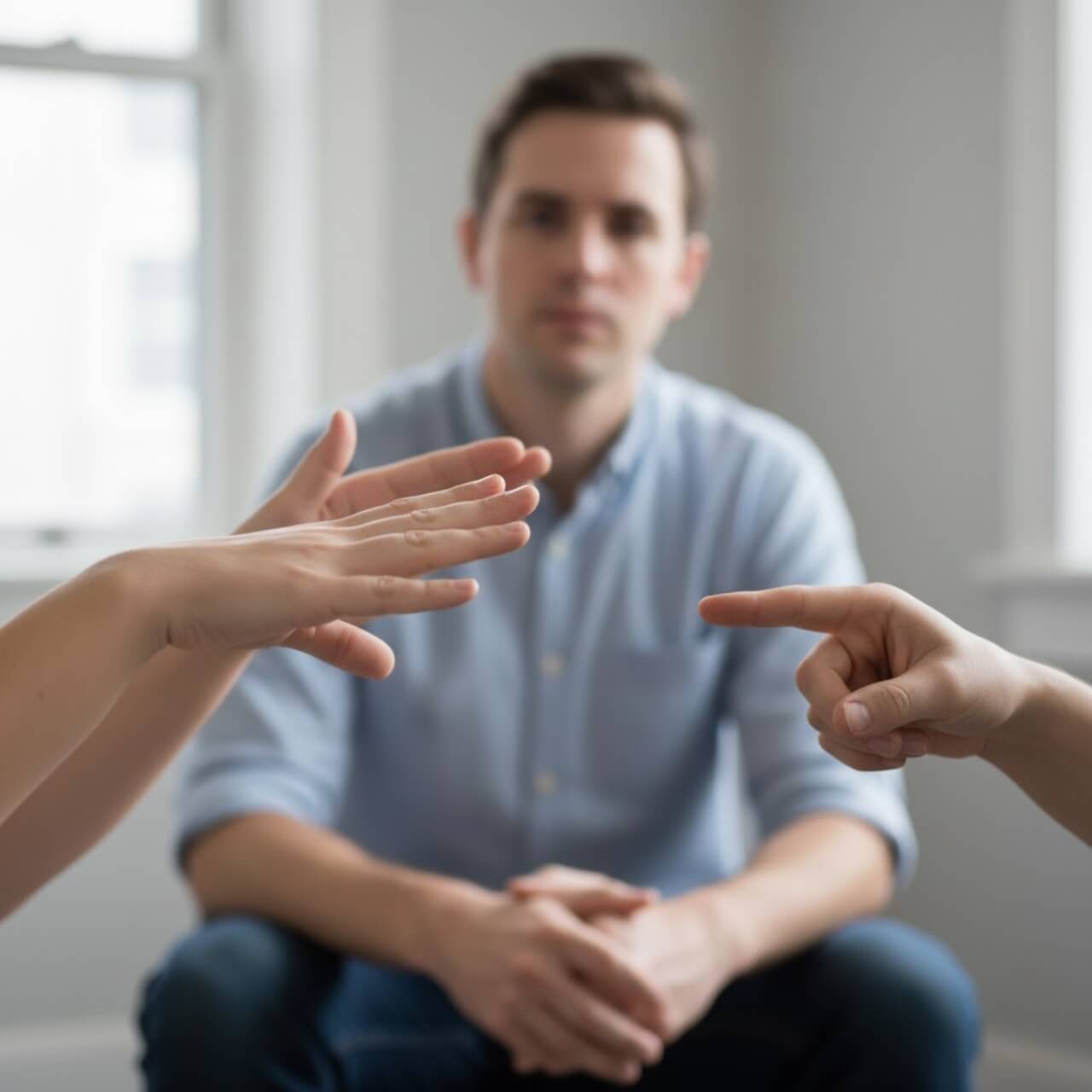 Close-up of hands using sign language while another person listens attentively in the background