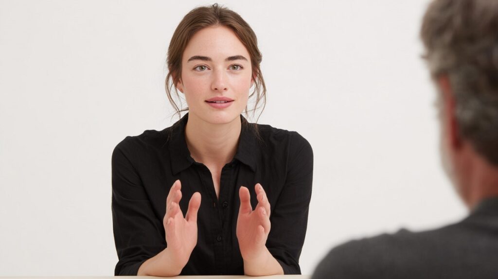 ASL interpreter using clear hand movements during a focused face-to-face conversation
