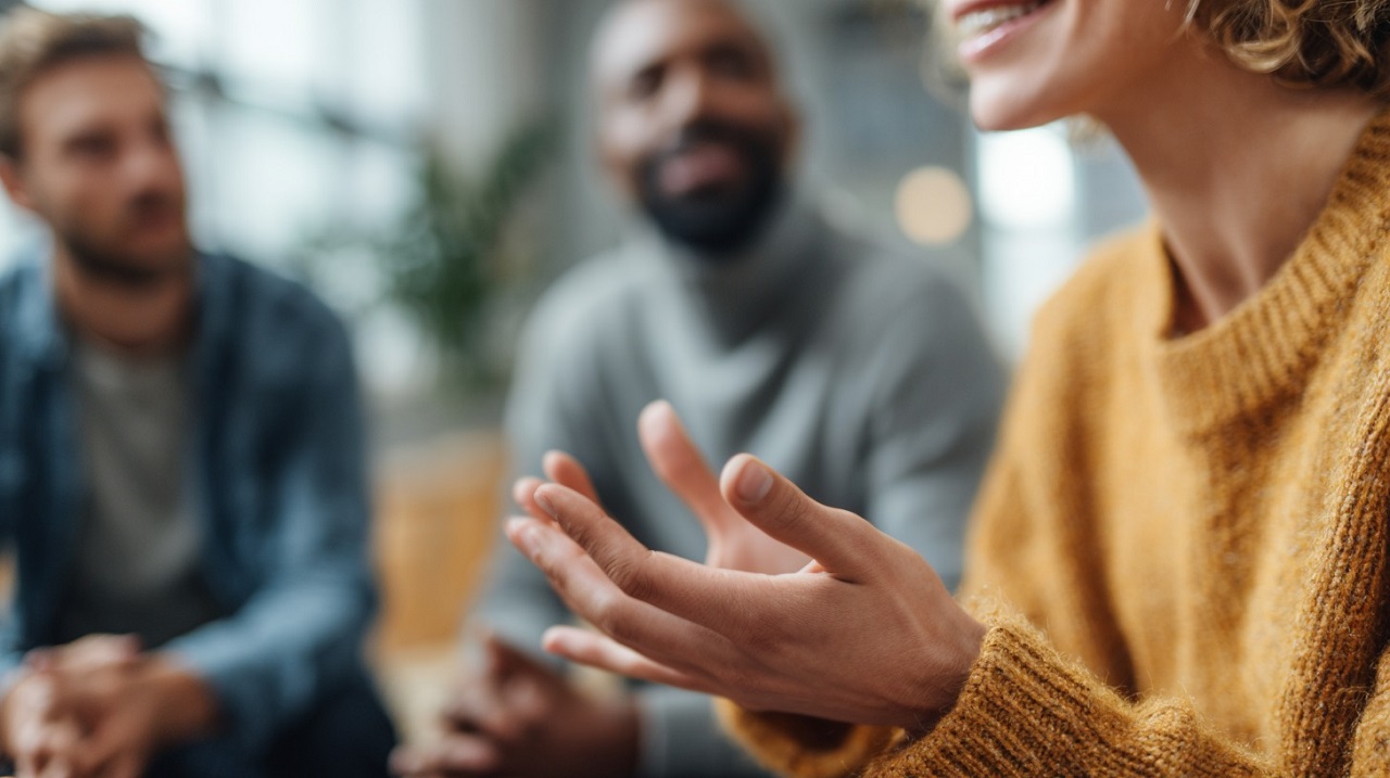 Hands communicating through sign language during a focused group conversation in a professional setting