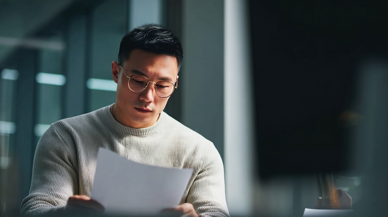 Chinese professional reviewing document at office desk, representing Mandarin and Cantonese speaking community in Sacramento