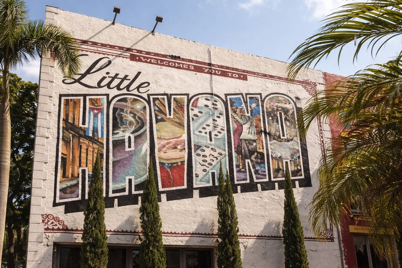 Little Havana mural in Miami welcoming visitors with colorful artwork representing Cuban culture