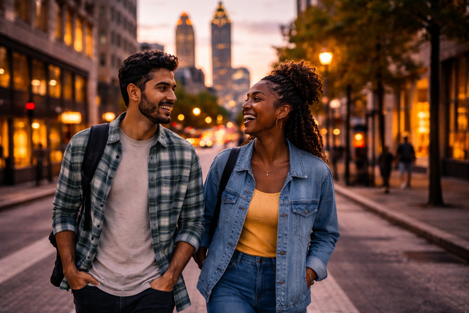 People walking through downtown Atlanta at sunset reflecting the diverse languages spoken in Atlanta