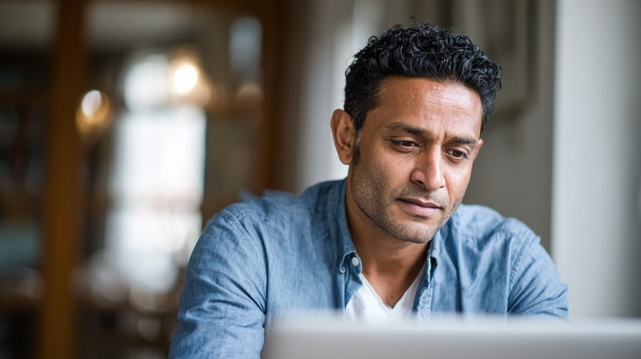 South Asian professional working on laptop