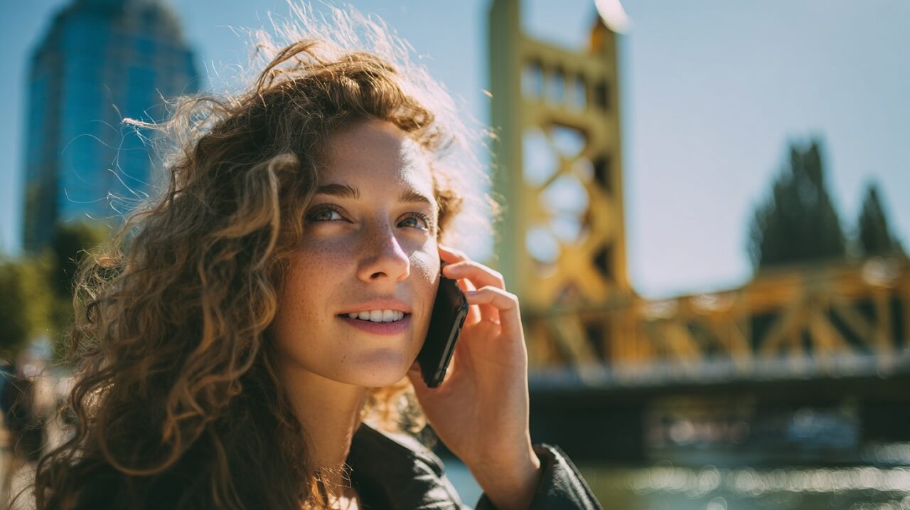 Woman talking on phone near Sacramento Tower Bridge