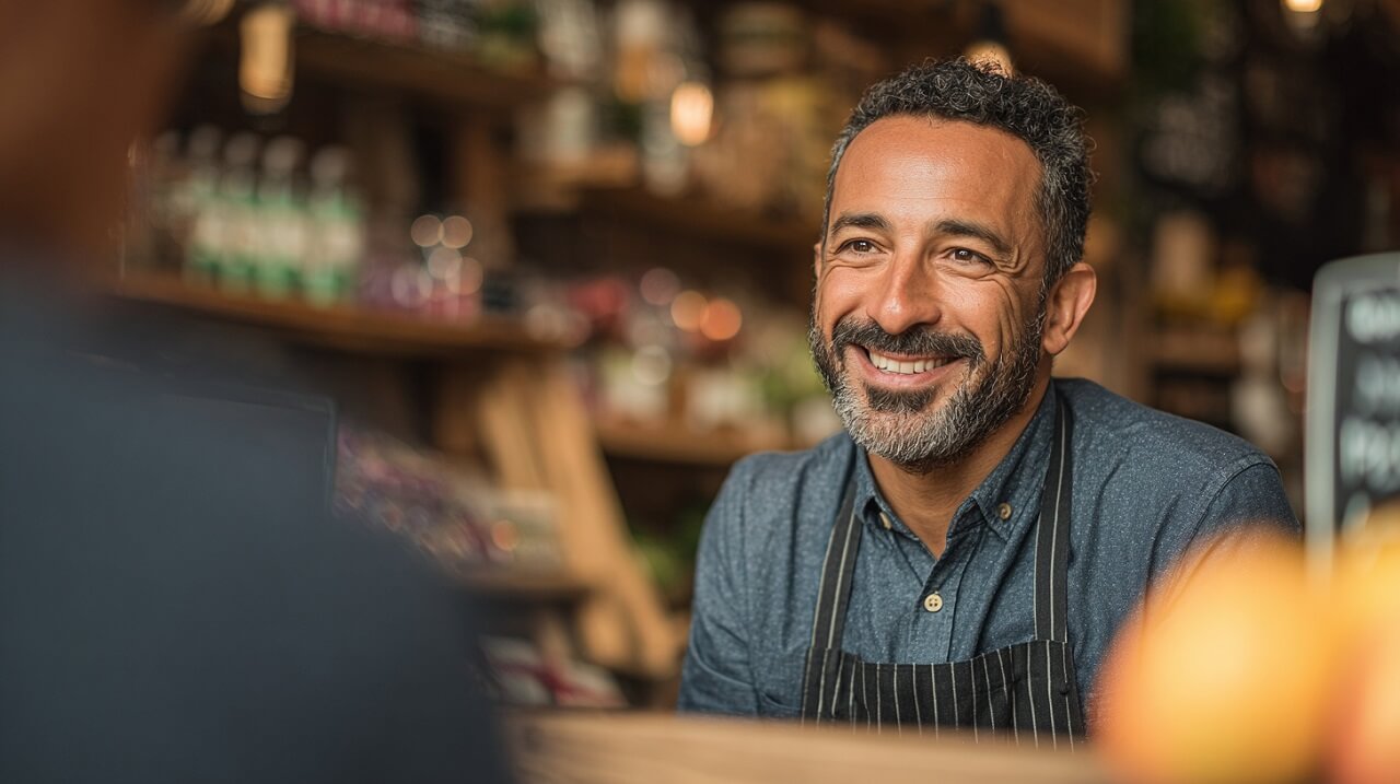 Local shop owner smiling while serving customer, reflecting Spanish speaking community in Sacramento