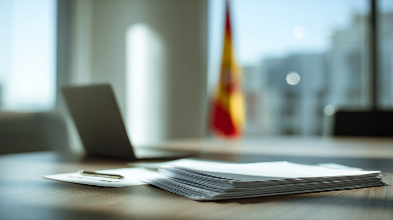 Office desk with documents and laptop with a Spanish flag in the background representing Spanish language business communication