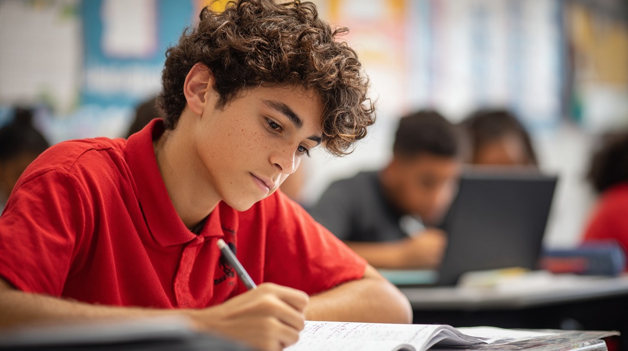 Student writing in a classroom representing bilingual education and Spanish speaking families in Miami schools