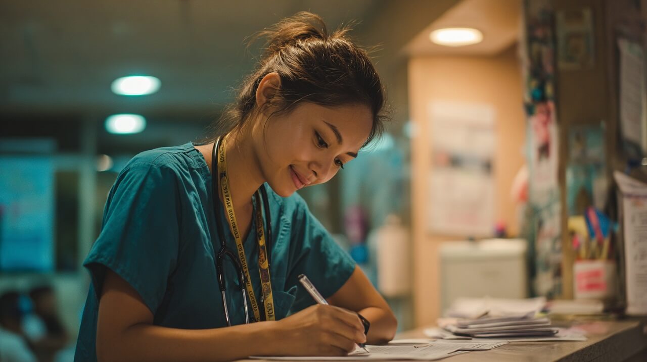 Filipino healthcare worker writing notes in hospital, representing Languages Spoken in Sacramento
