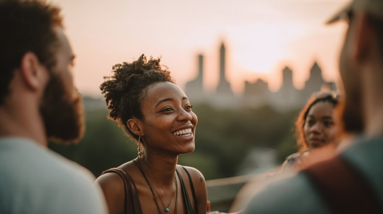 Group of people socializing in Atlanta with the skyline behind them representing the city’s linguistic diversity