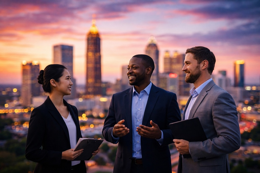 Business professionals meeting in Atlanta highlighting international communication and multilingual business environments