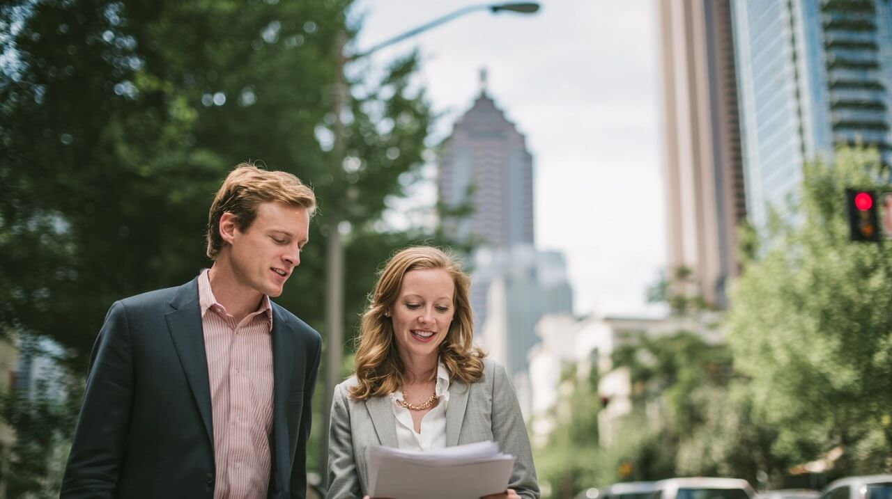Professionals reviewing documents outdoors in downtown Atlanta representing the need for translation services in multilingual markets