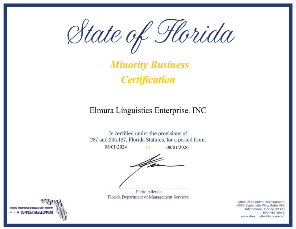 Minority Business Cert 2024-2026 Elmura Linguistics