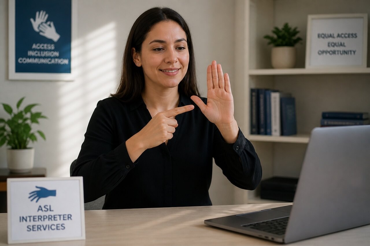 Sign language interpreter communicating using hand gestures in a professional workspace