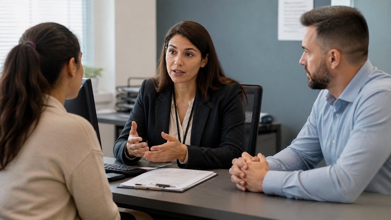 Community interpreter assisting communication between two clients in an office setting