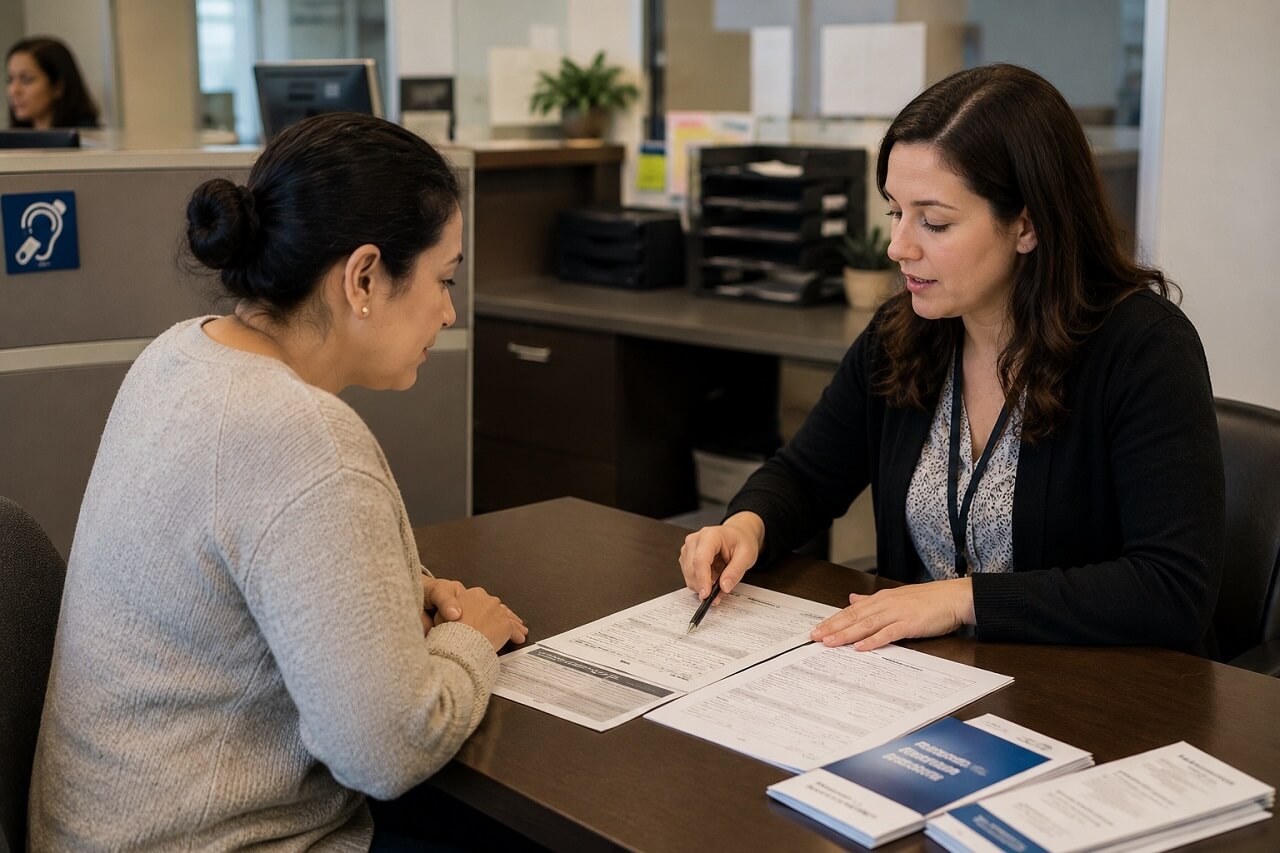 Staff member assisting a client with official forms during an in person language support meeting