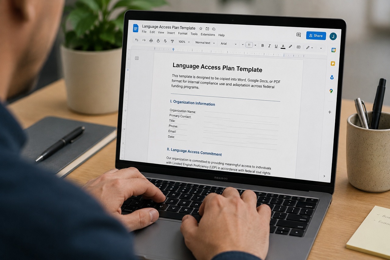 Person reviewing a language access plan template on a laptop in a professional office setting