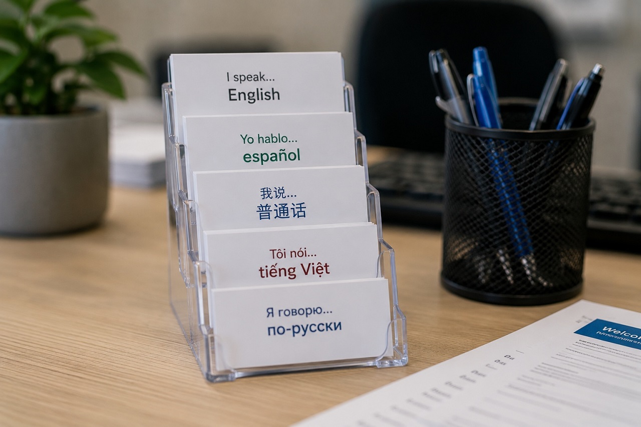 Multilingual “I speak” language assistance cards displayed at a reception desk