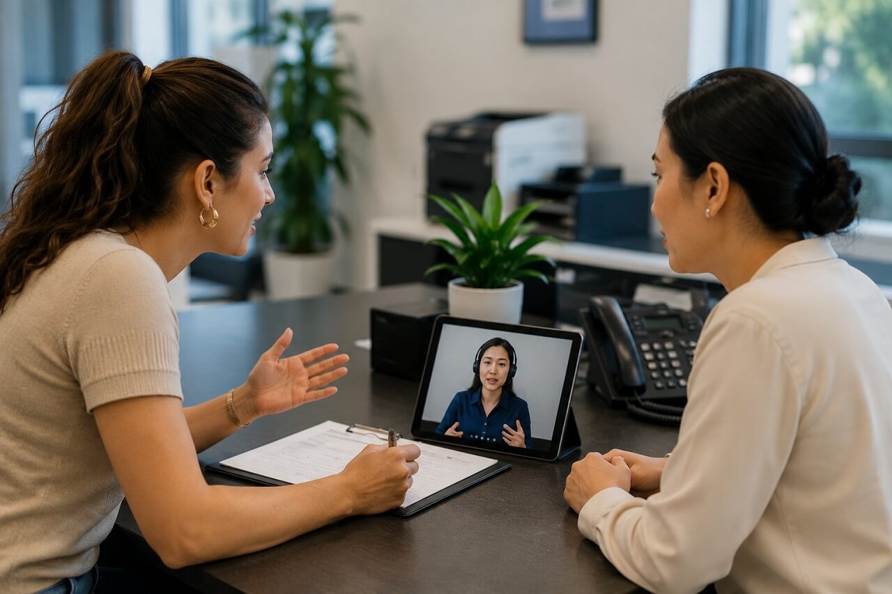 Remote interpretation meeting in an office environment with a video interpreter displayed on a tablet