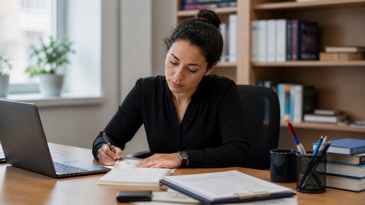 Community interpreting professional reviewing notes and preparing documents in a quiet office