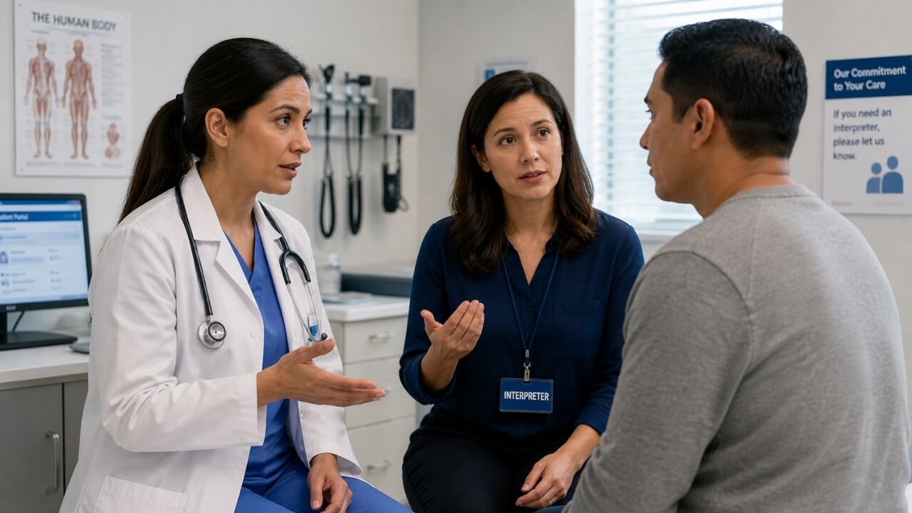 Medical interpreter facilitating communication between doctor and patient during consultation