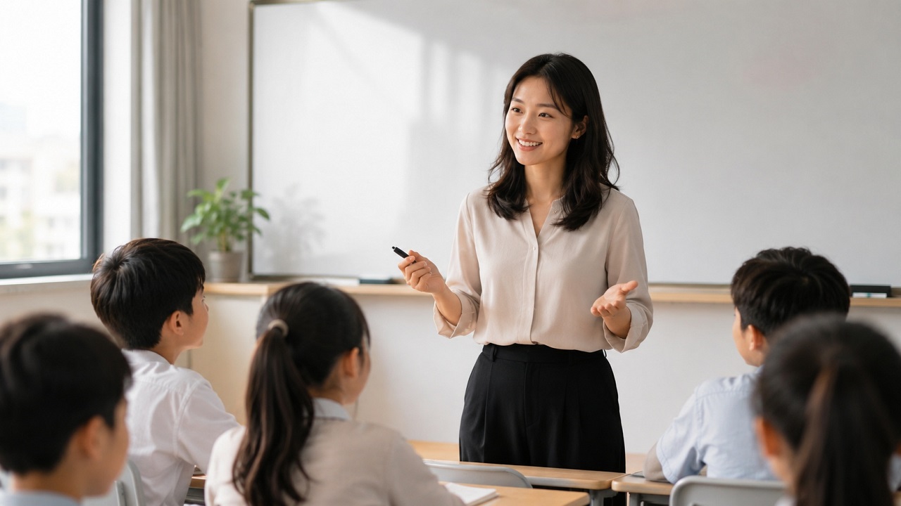 Chinese teacher speaking to students in a classroom about language and communication