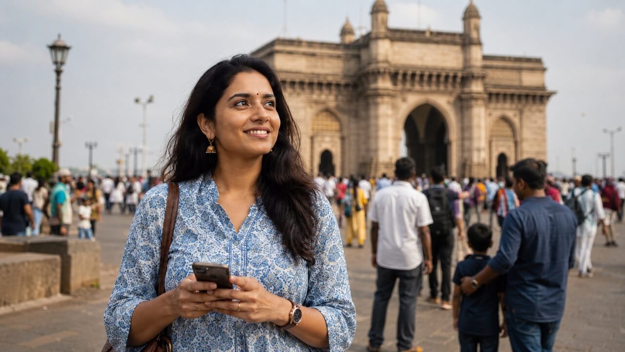 Indian woman holding a smartphone near the Gateway of India in Mumbai, with the monument