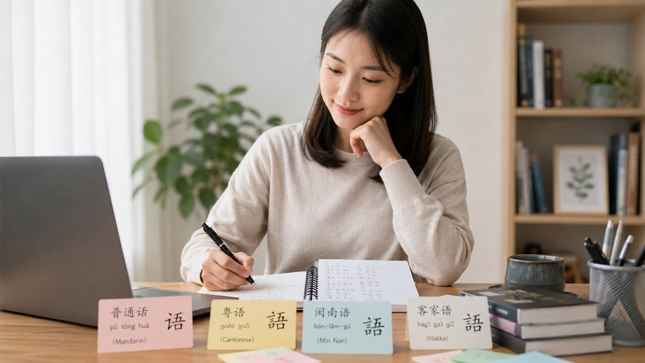 Adult Chinese woman studying with language cards representing different Chinese language groups at a desk
