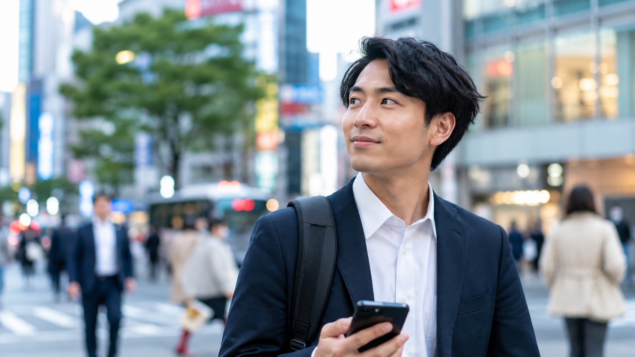 Japanese business professional holding a smartphone on a busy Tokyo street