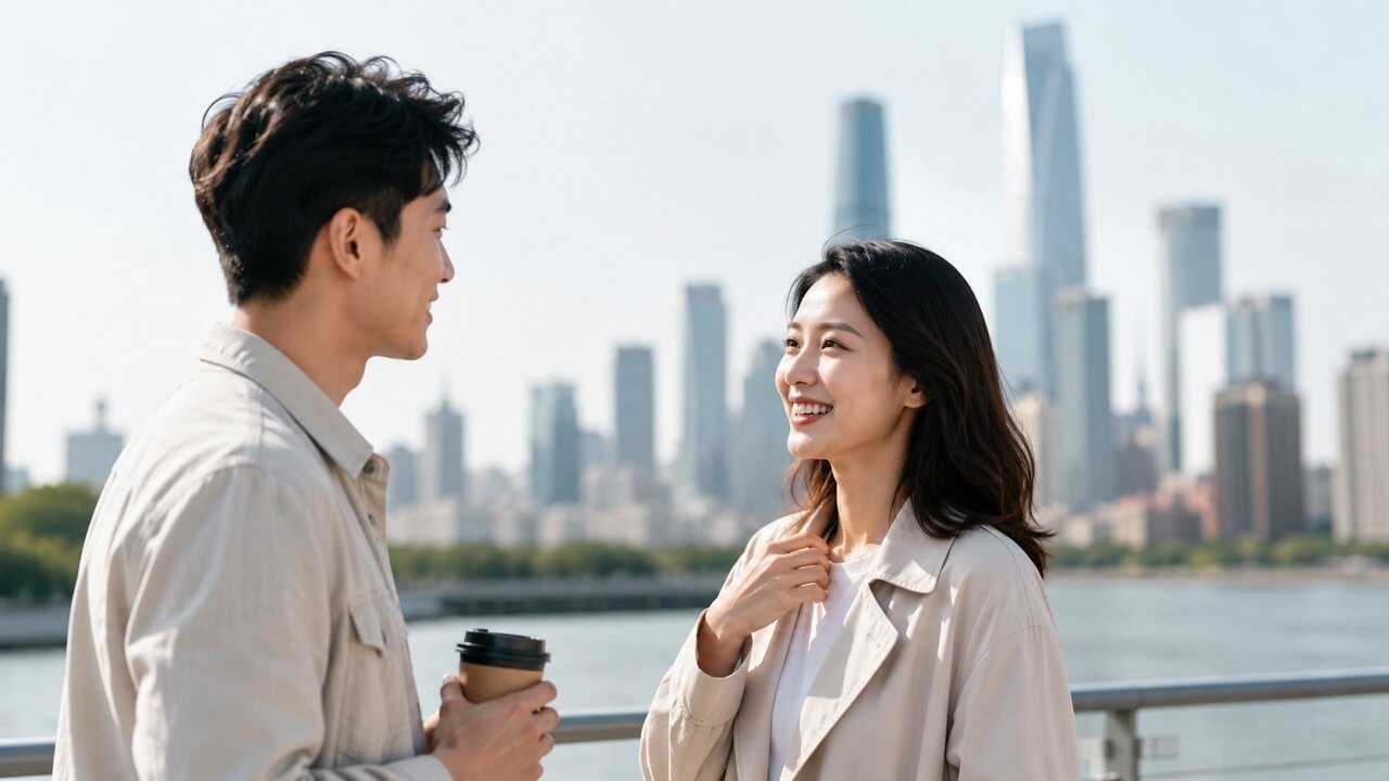 Two adult Chinese people having a natural conversation