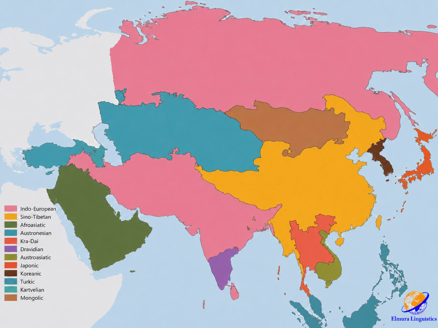 Map of major language families in Asia showing Indo-European, Sino-Tibetan, Turkic, Dravidian, Austronesian, Kartvelian, Afroasiatic, Kra-Dai, Japonic, Koreanic, and Mongolic regions.