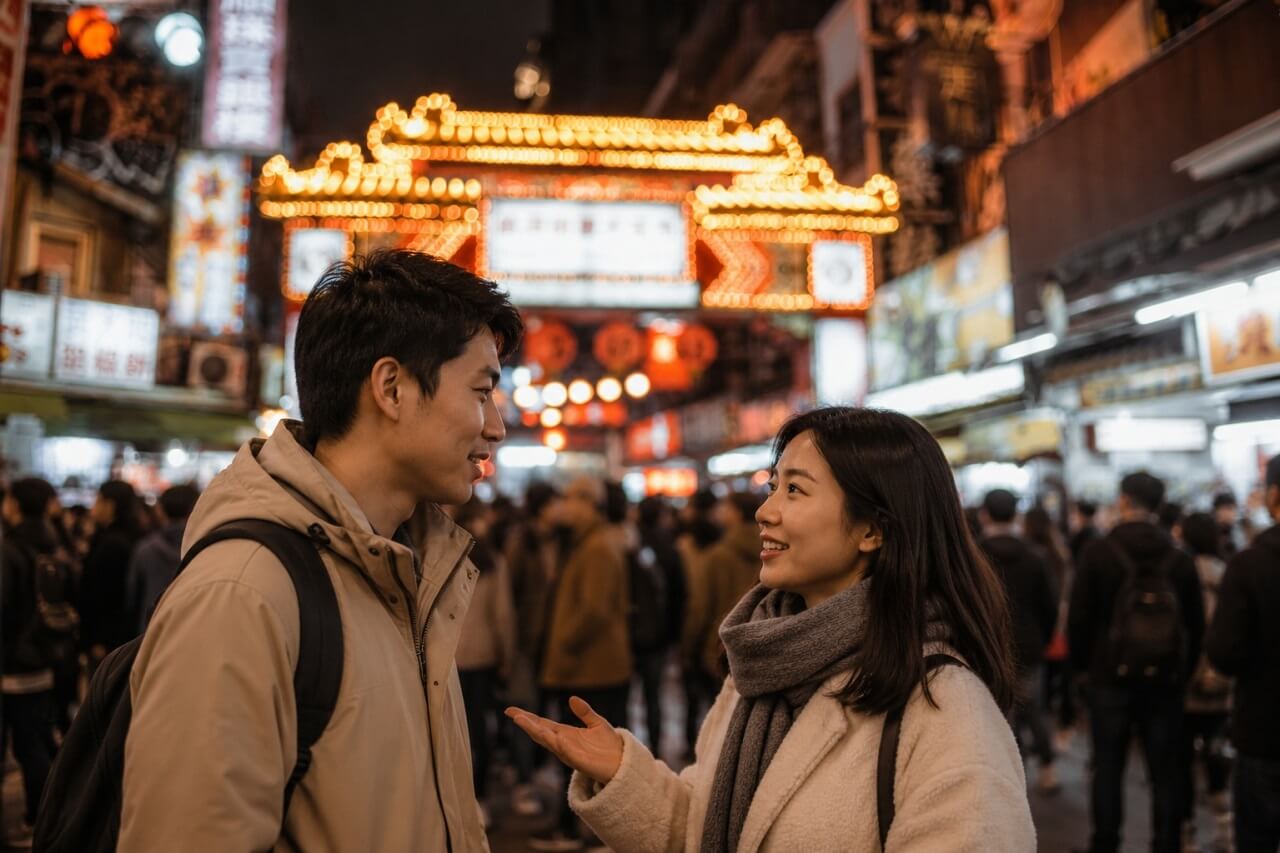 Two people talking at a busy Taiwan night market with the entrance and crowd blurred in the background