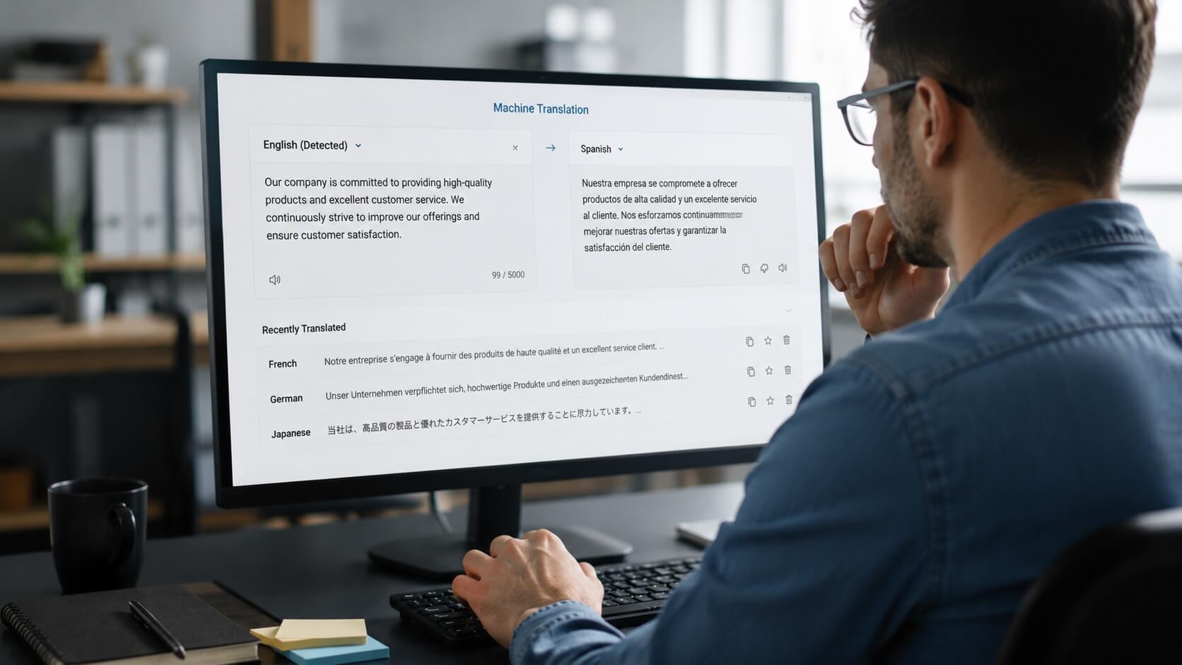 Machine translation software automatically converting content into multiple languages for business use