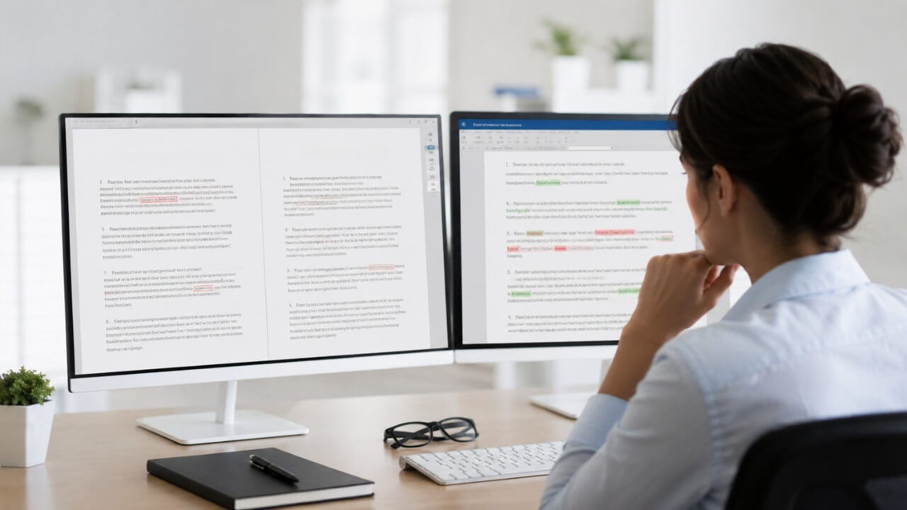 Professional translator comparing machine-generated translation with human-reviewed text on dual monitors