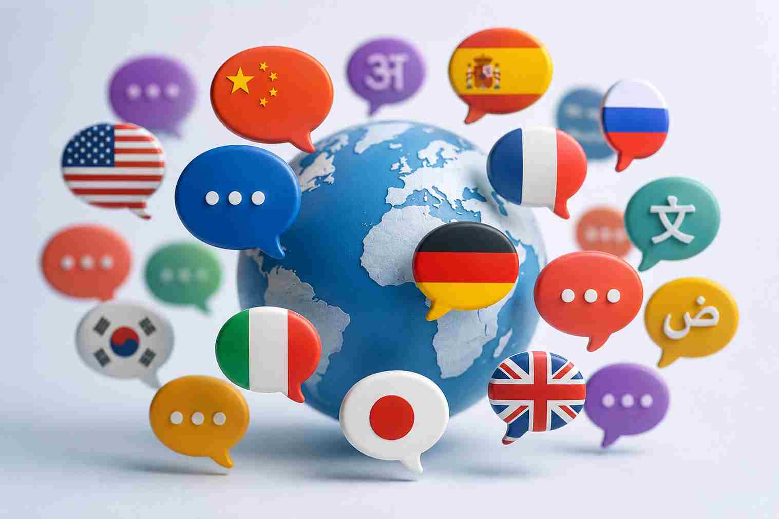 Globe surrounded by speech bubbles featuring international flags and language symbols.