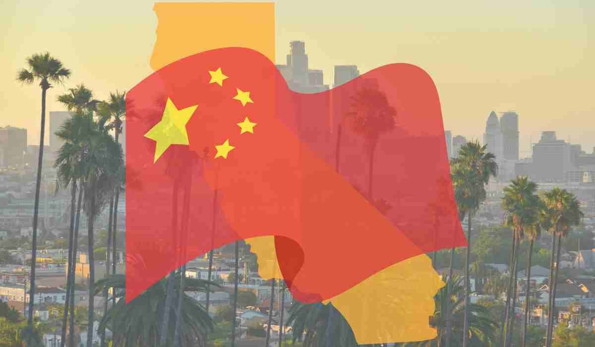 Chinese flag over a California map and Los Angeles skyline.