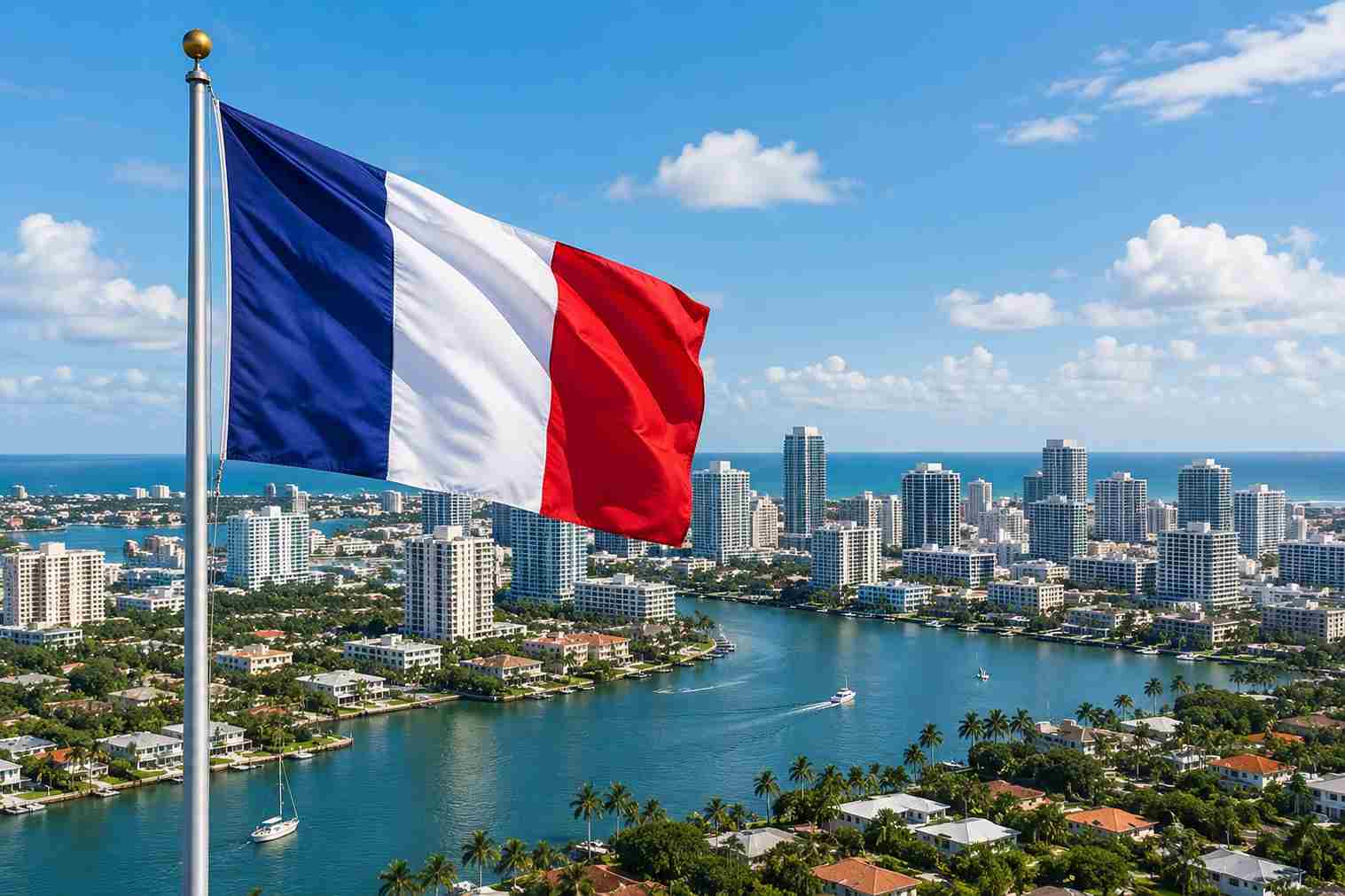 French flag waving above a coastal Florida city.